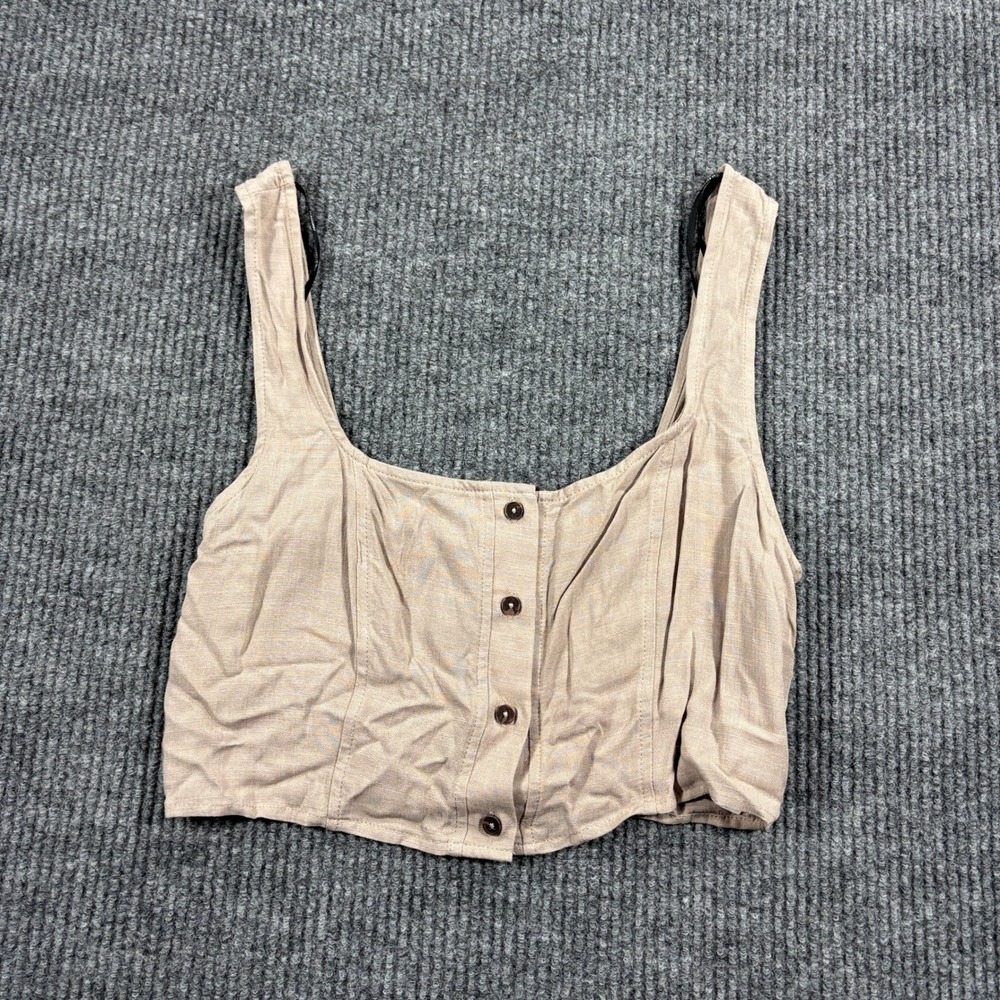 Forever 21 Crop Top Women Size L Tan Button Front Smocked Back Sleeveless Rayon